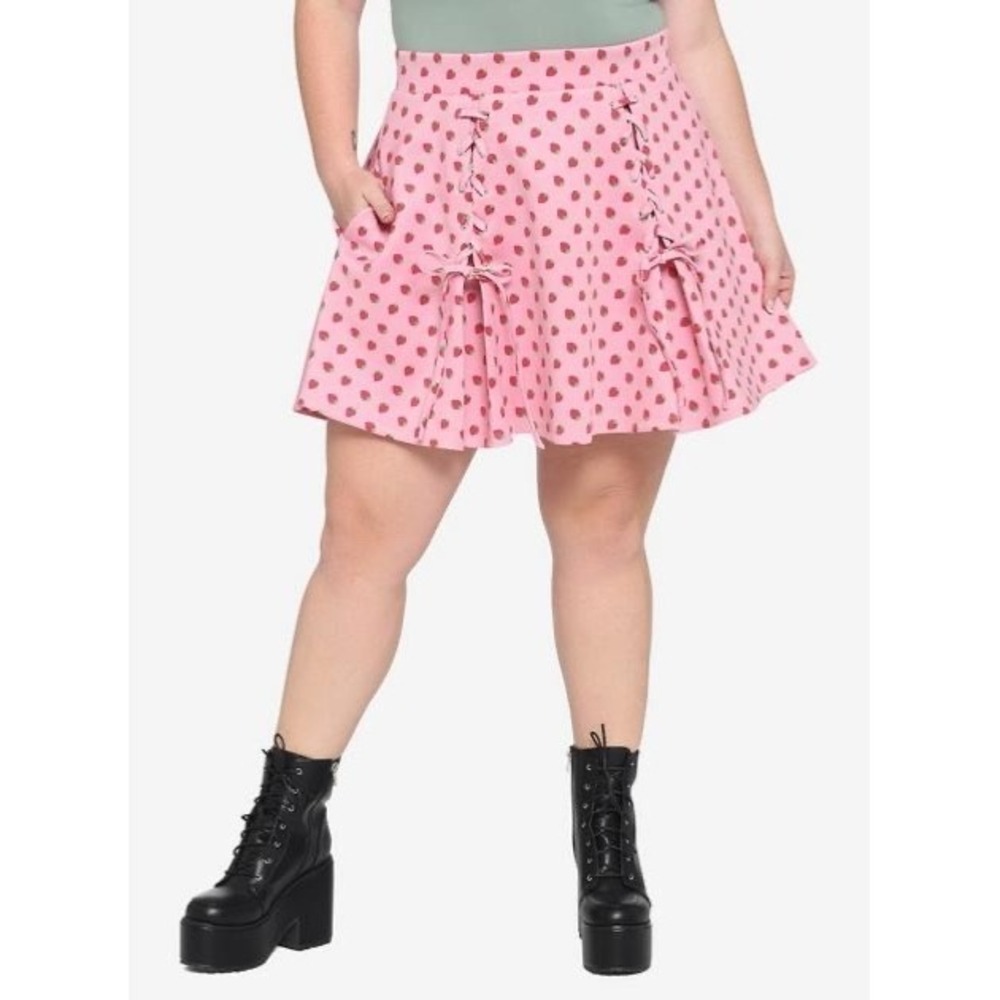 Hot Topic Skirt Womens Large Pink Strawberry Print Skater Mini Lace Up Pockets